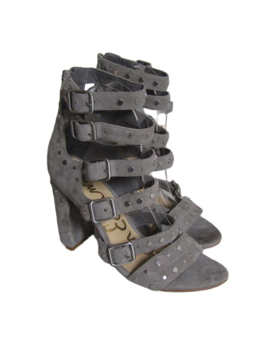 SAM EDELMAN Suede Gladiator Caged Studded York Gray Block High Heels Sandals 8